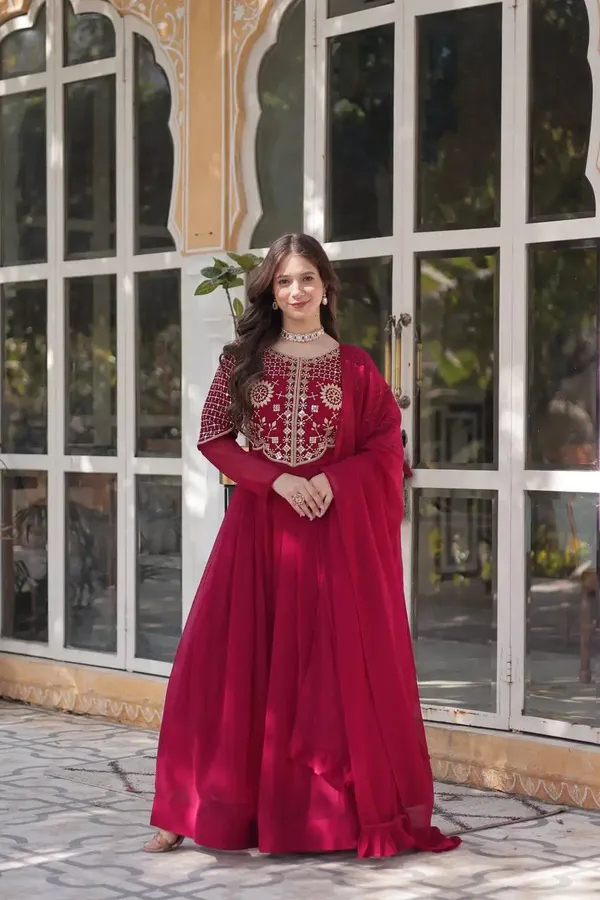 Maroon_Red_Attractive_Sequins_Embroidery_Work_Gown_And_Dupatta_For_Women