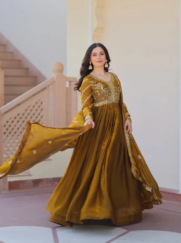 Mustard_Yellow_Zari_Sequins_Embroidery_Work_Gown_With_Dupatta_For_Women