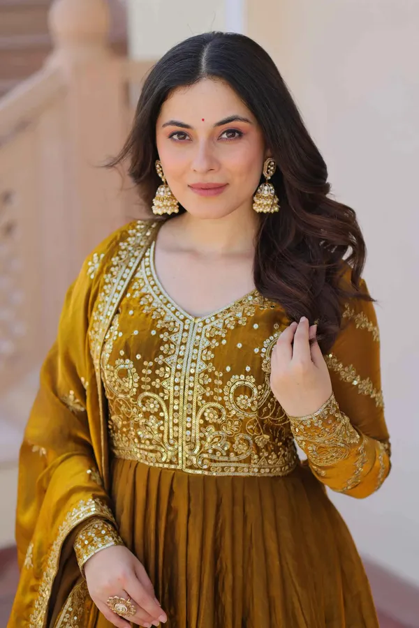 Mustard_Yellow_Zari_Sequins_Embroidery_Work_Gown_With_Dupatta_For_Women