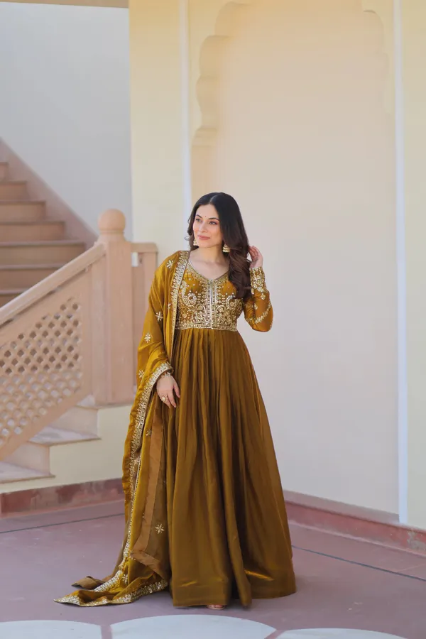 Mustard_Yellow_Zari_Sequins_Embroidery_Work_Gown_With_Dupatta_For_Women