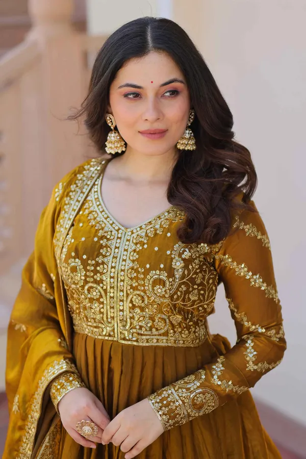 Mustard_Yellow_Zari_Sequins_Embroidery_Work_Gown_With_Dupatta_For_Women
