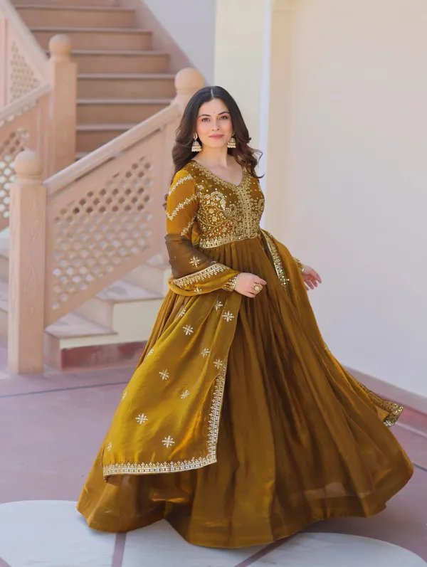 Mustard_Yellow_Zari_Sequins_Embroidery_Work_Gown_With_Dupatta_For_Women