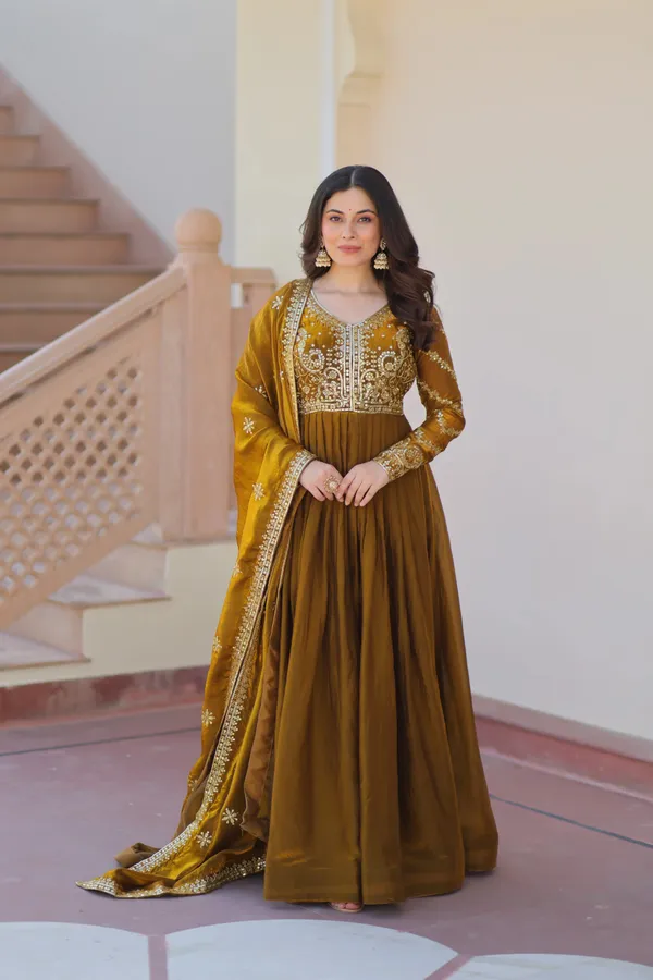Mustard_Yellow_Zari_Sequins_Embroidery_Work_Gown_With_Dupatta_For_Women