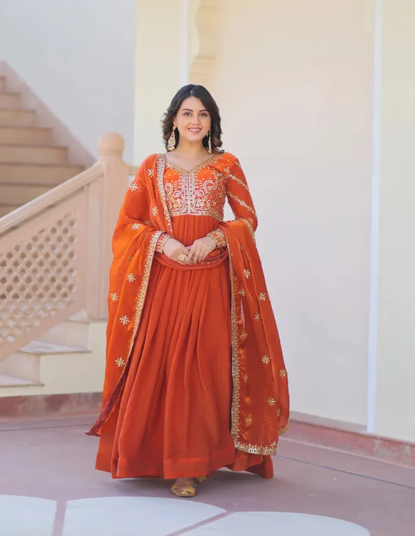 Fanta_Orange_Zari_Sequins_Embroidery_Work_Gown_With_Dupatta_For_Women