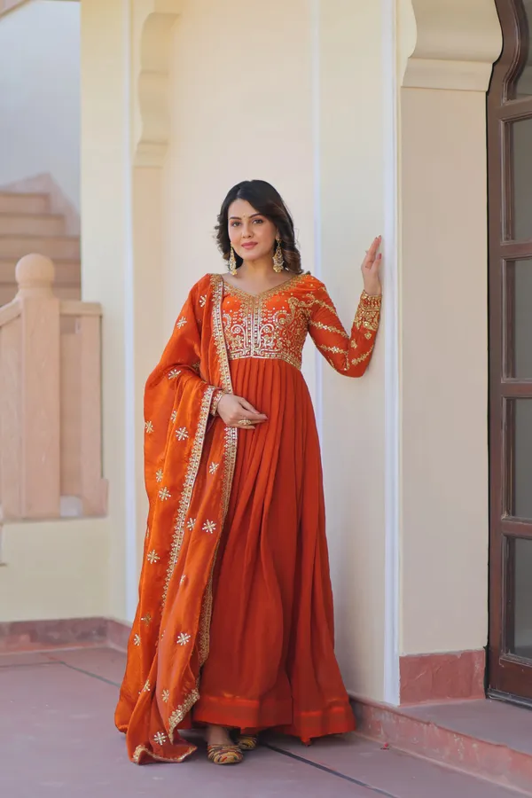 Fanta_Orange_Zari_Sequins_Embroidery_Work_Gown_With_Dupatta_For_Women