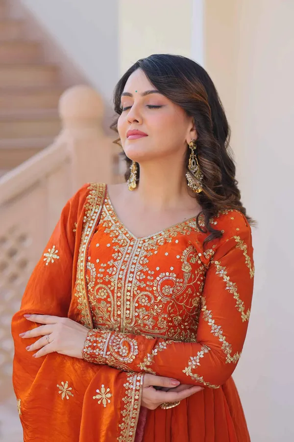 Fanta_Orange_Zari_Sequins_Embroidery_Work_Gown_With_Dupatta_For_Women