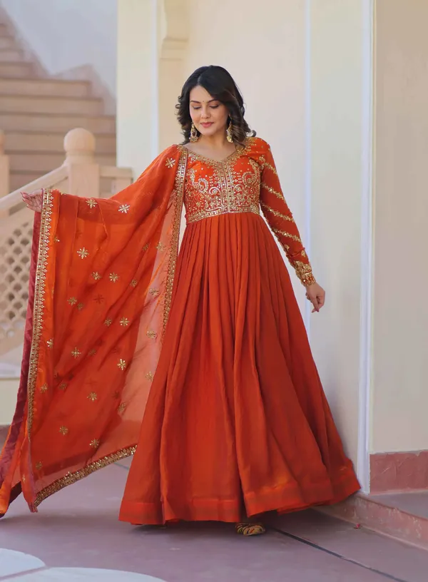 Fanta_Orange_Zari_Sequins_Embroidery_Work_Gown_With_Dupatta_For_Women