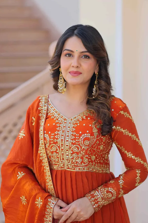 Fanta_Orange_Zari_Sequins_Embroidery_Work_Gown_With_Dupatta_For_Women