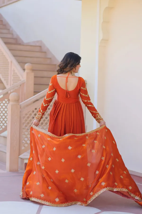 Fanta_Orange_Zari_Sequins_Embroidery_Work_Gown_With_Dupatta_For_Women