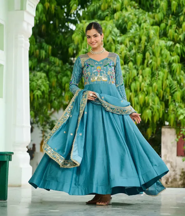 Teal_Blue_Embroidery_Work_Silk_Gown_For_Women