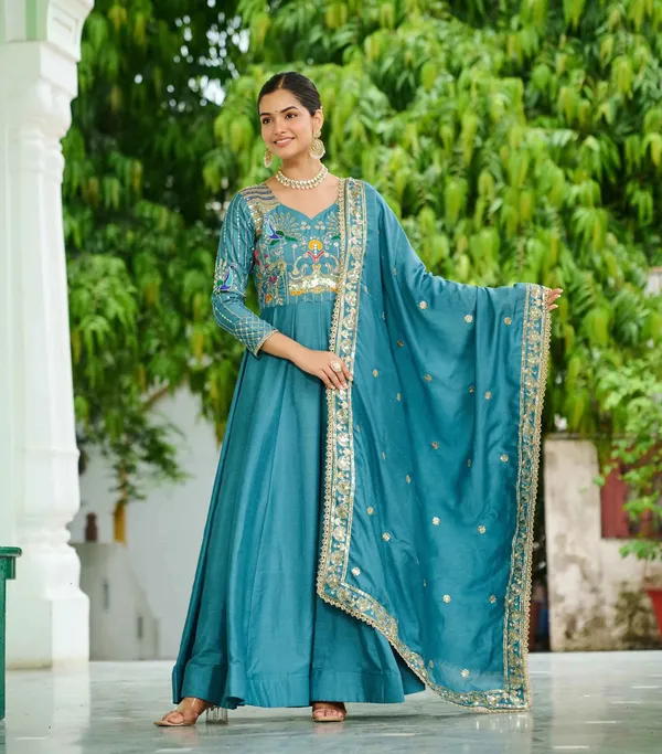 Teal_Blue_Embroidery_Work_Silk_Gown_For_Women