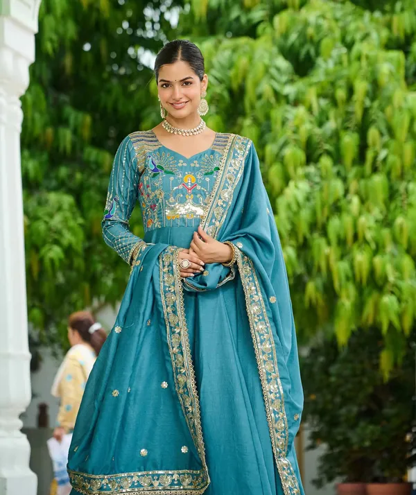 Teal_Blue_Embroidery_Work_Silk_Gown_For_Women
