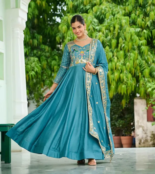 Teal_Blue_Embroidery_Work_Silk_Gown_For_Women