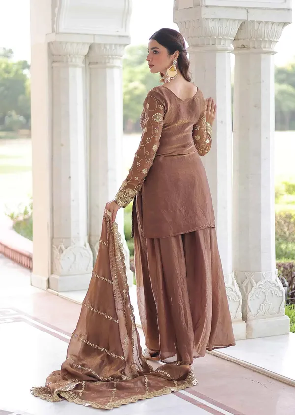 Shiny_Brown_Silk_Sharara_Suit_With_Embroidery_Work_For_Women