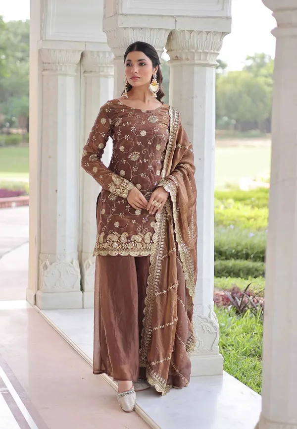 Shiny_Brown_Silk_Sharara_Suit_With_Embroidery_Work_For_Women