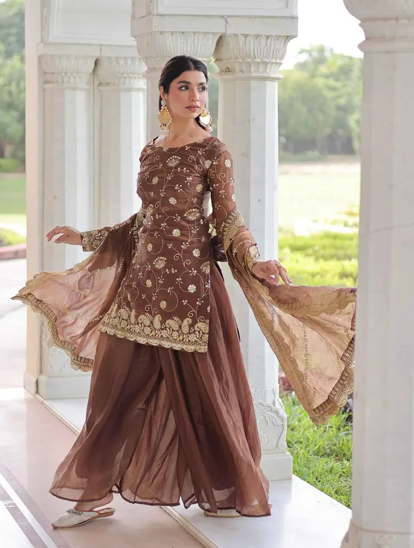 Shiny_Brown_Silk_Sharara_Suit_With_Embroidery_Work_For_Women