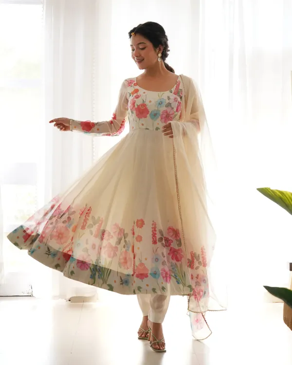 Off_White_Organza_Multi_Color_Floral_Print_Gown_With_Dupatta_For_Women