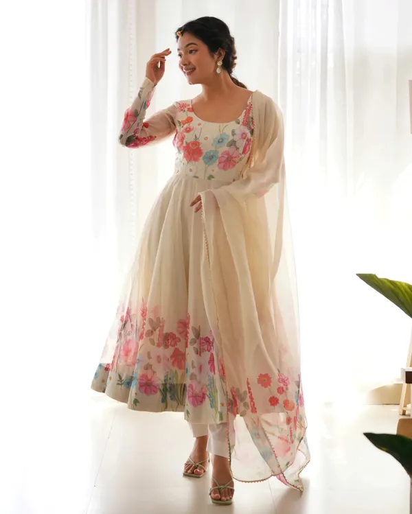 Off_White_Organza_Multi_Color_Floral_Print_Gown_With_Dupatta_For_Women