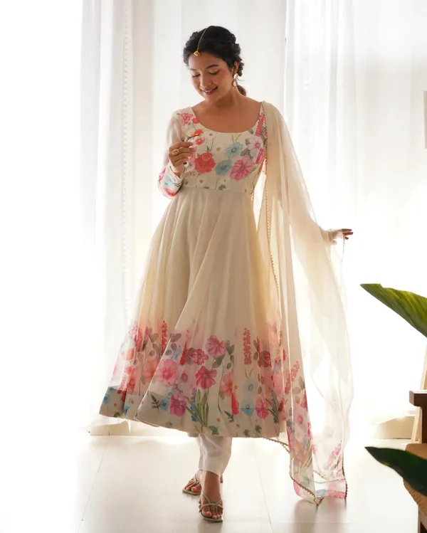 Off_White_Organza_Multi_Color_Floral_Print_Gown_With_Dupatta_For_Women