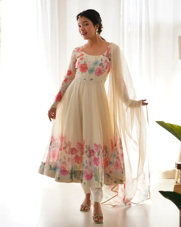 Off_White_Organza_Multi_Color_Floral_Print_Gown_With_Dupatta_For_Women