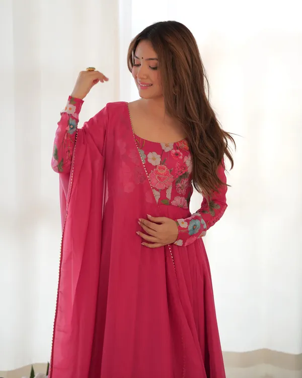 Dark_Pink_Multi_Color_Floral_Print_Organza_Gown_With_Dupatta_For_Women