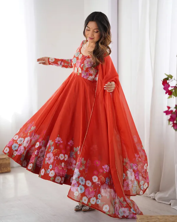 Rust_Orange_Organza_Multi_Color_Floral_Print_Gown_With_Dupatta_For_Women