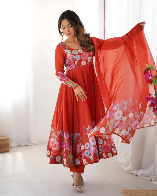 Rust_Orange_Organza_Multi_Color_Floral_Print_Gown_With_Dupatta_For_Women