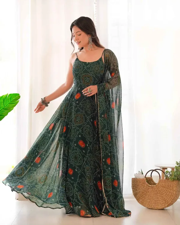 Tealish_Green_Soft_Chiffon_Bandhej_Print_Lightweight_Gown_With_Dupatta_For_Women