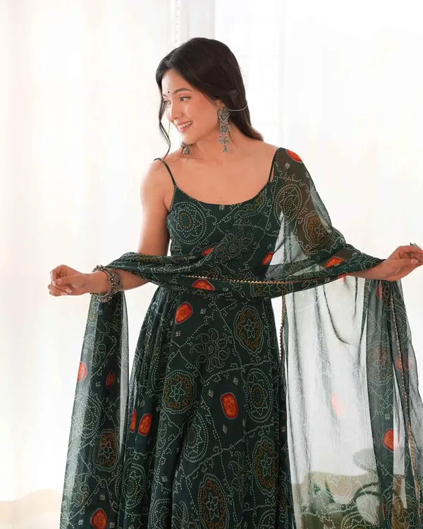 Tealish_Green_Soft_Chiffon_Bandhej_Print_Lightweight_Gown_With_Dupatta_For_Women