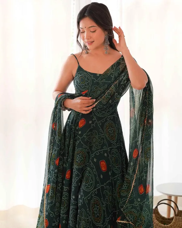 Tealish_Green_Soft_Chiffon_Bandhej_Print_Lightweight_Gown_With_Dupatta_For_Women