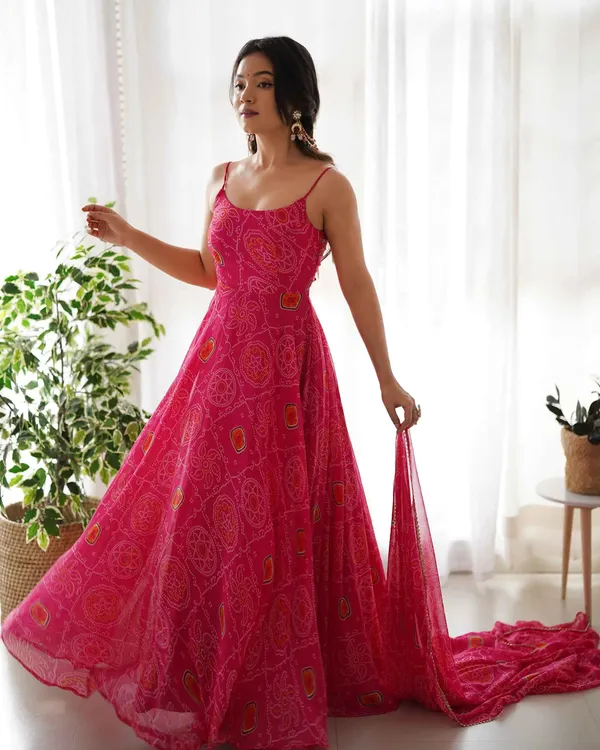 Dark_Pink_Soft_Chiffon_Bandhani_Print_Lightweight_Gown_With_Dupatta_For_Women