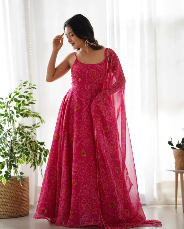 Dark_Pink_Soft_Chiffon_Bandhani_Print_Lightweight_Gown_With_Dupatta_For_Women