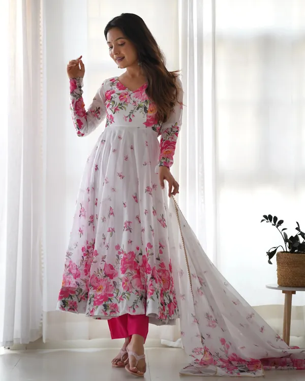 White_Organza_Pink_Rose_Floral_Print_Gown_With_Dupatta_For_Women