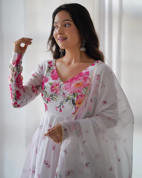 White_Organza_Pink_Rose_Floral_Print_Gown_With_Dupatta_For_Women