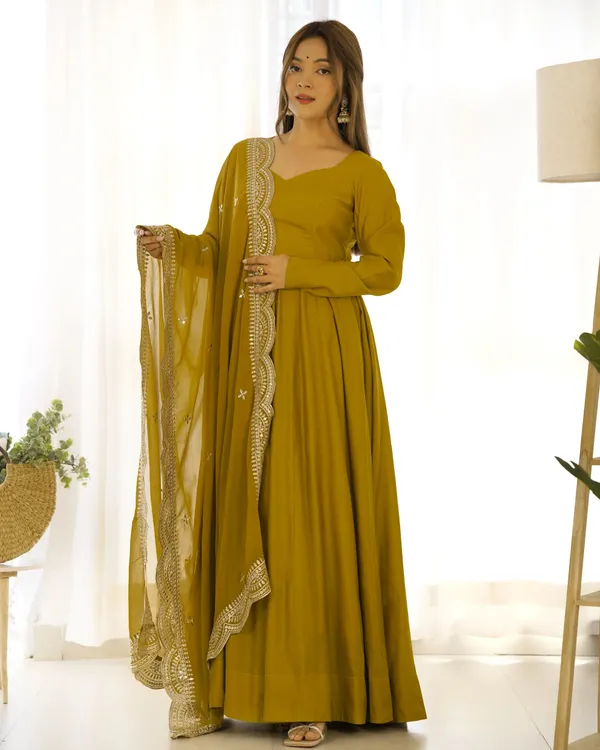 Mustard_Yellow_Silk_Anarkali_Gown_With_Georgette_Embroidery_Work_Dupatta_For_Women