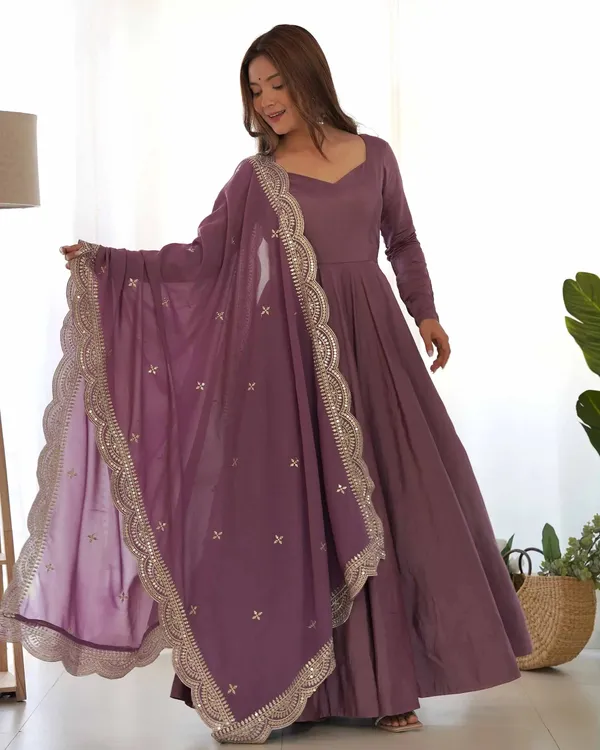 Dark_Mauve_Purple_Silk_Anarkali_Gown_With_Georgette_Embroidery_Work_Dupatta_For_Women