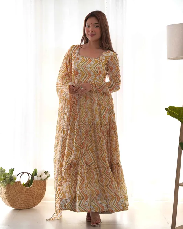 Brownish_Yellow_Georgette_Zigzag_Print_Three_Layered_Gown_With_Dupatta_For_Women