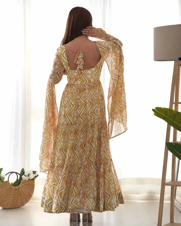 Brownish_Yellow_Georgette_Zigzag_Print_Three_Layered_Gown_With_Dupatta_For_Women