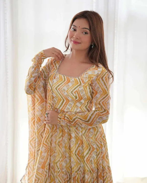 Brownish_Yellow_Georgette_Zigzag_Print_Three_Layered_Gown_With_Dupatta_For_Women