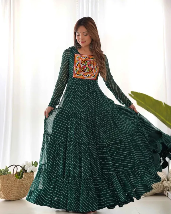 Dark_Green_Leheriya_Print_With_Gamthi_Patch_Work_Navratri_Gown_For_Women