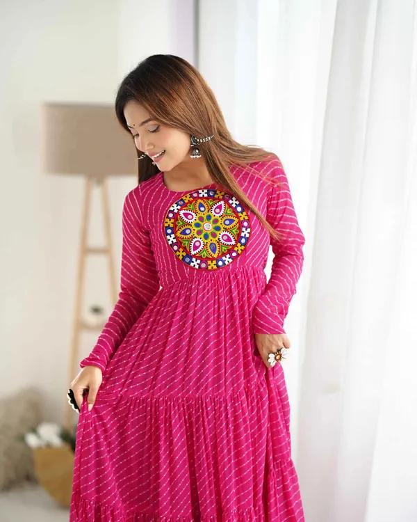 Pink_Leheriya_Print_With_Gamthi_Patch_Work_Navratri_Gown_For_Women