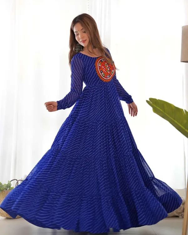 Royal_Blue_Leheriya_Print_With_Gamthi_Patch_Work_Navratri_Gown_For_Women