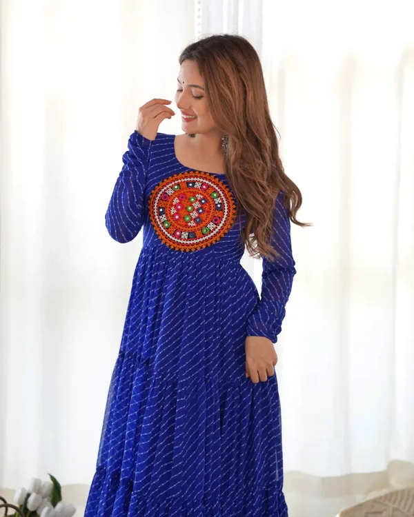 Royal_Blue_Leheriya_Print_With_Gamthi_Patch_Work_Navratri_Gown_For_Women