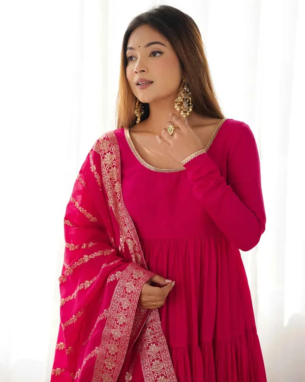 Dark_Pink_Silk_Gown_With_Jacquard_Banarasi_Dupatta_For_Women