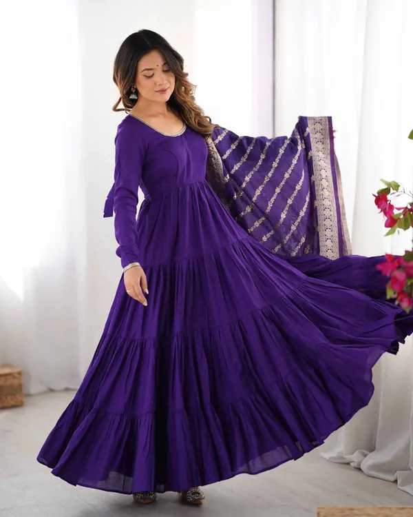 Dark_Purple_Silk_Gown_With_Jacquard_Banarasi_Dupatta_For_Women