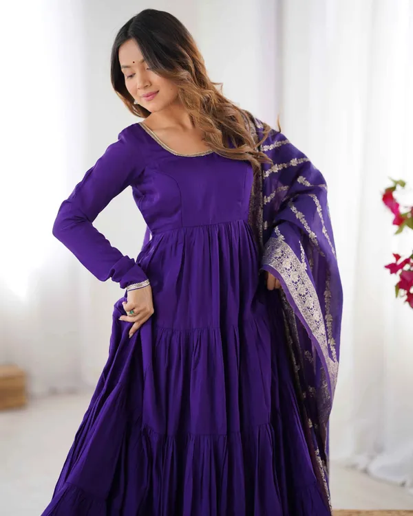 Dark_Purple_Silk_Gown_With_Jacquard_Banarasi_Dupatta_For_Women