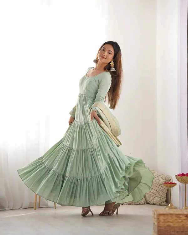 Pista_Silk_Gown_With_Jacquard_Banarasi_Dupatta_For_Women
