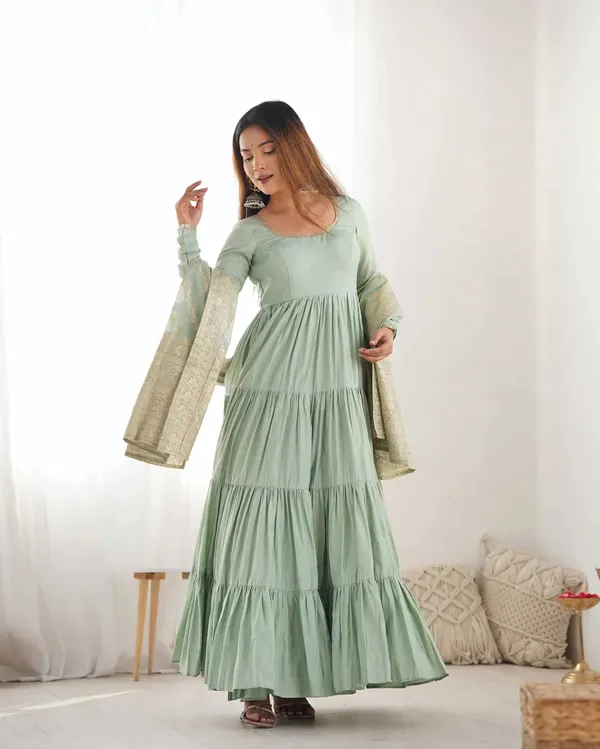 Pista_Silk_Gown_With_Jacquard_Banarasi_Dupatta_For_Women