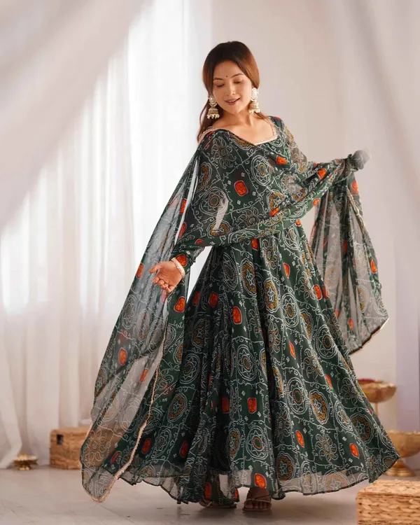 Dark_Green_Soft_Light_Weight_Chiffon_Bandhej_Print_Gown_With_Dupatta_For_Women