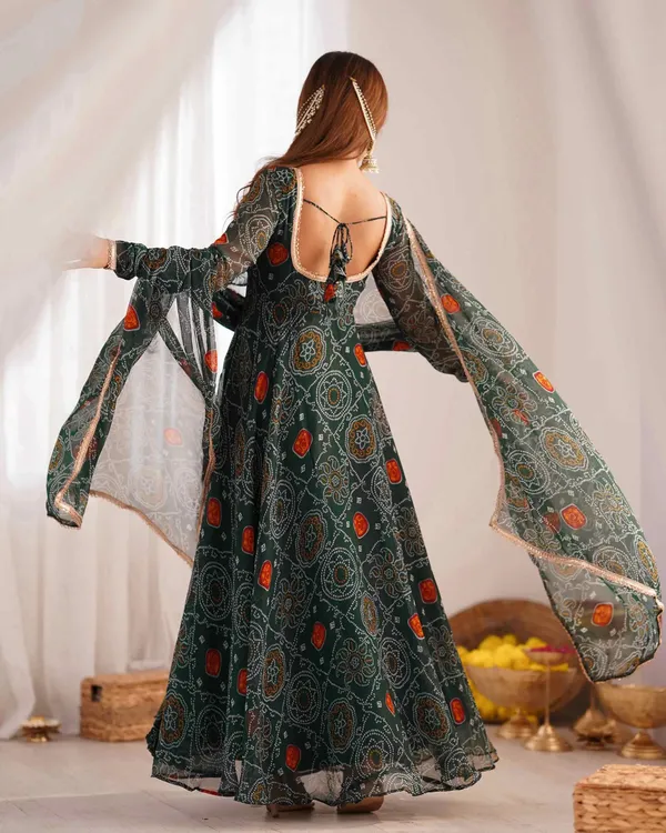 Dark_Green_Soft_Light_Weight_Chiffon_Bandhej_Print_Gown_With_Dupatta_For_Women